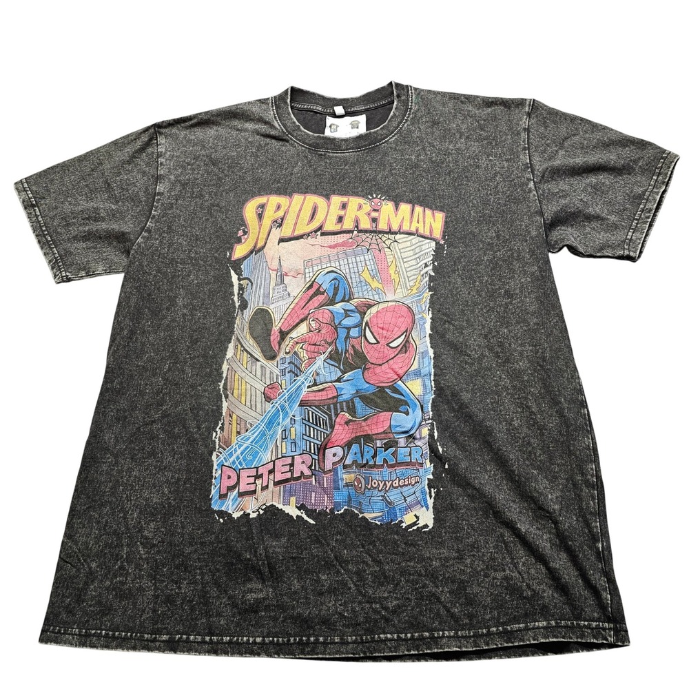 Spider-Man Joyy Design T-Shirt Mens XL Black Marvel Peter Parker Acid Wash Tee